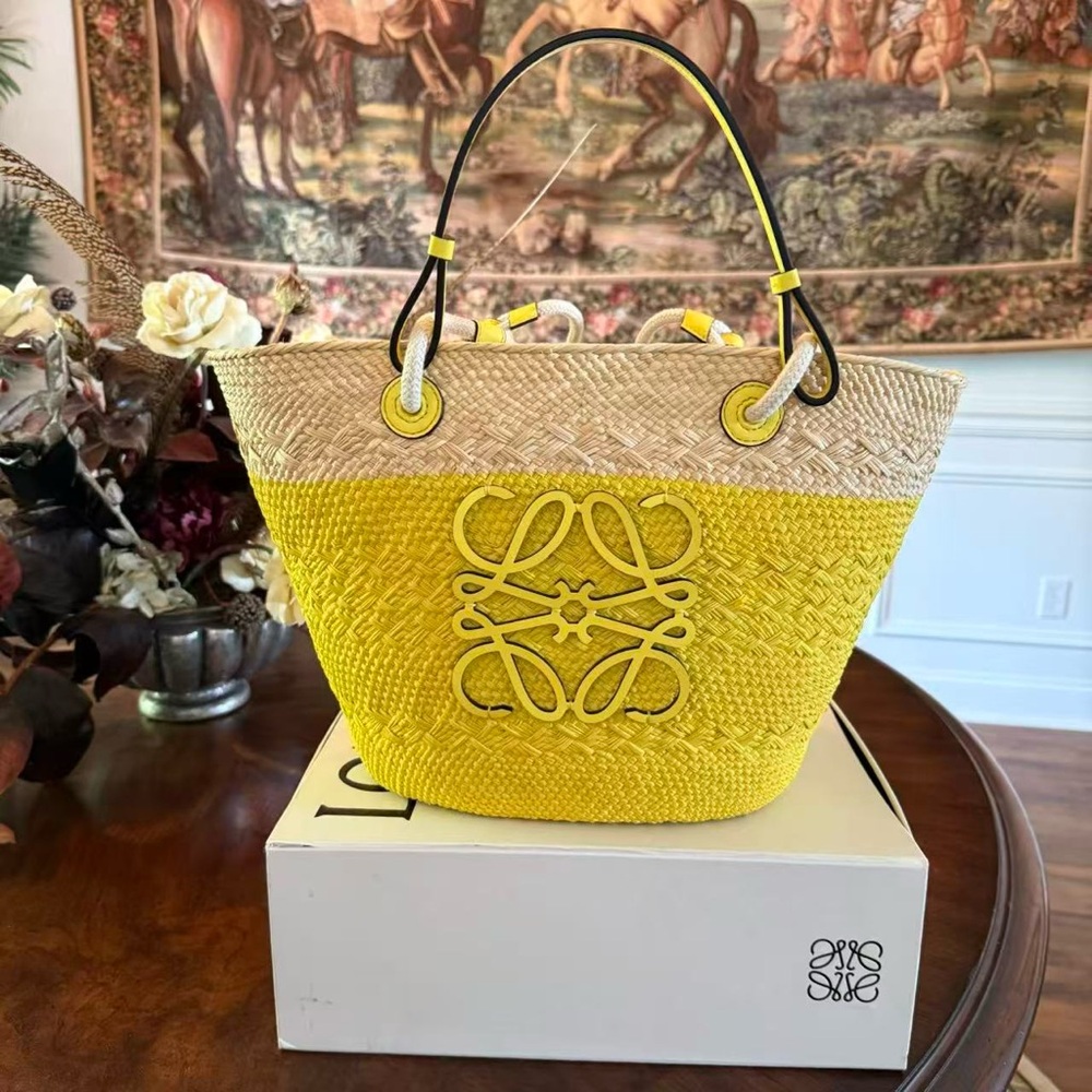 Loewe Anagram Colorblock Yellow Raffia Tote Bag - Picture 5 of 12